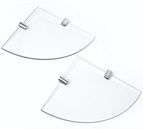 BSM Marketing Eckregal-Set mit 2 Regalen aus gehärtetem Glas für Badezimmer Schlafzimmer Büro mit verchromten Regalstützen, 150 mm, ca. 6 mm dick von BSM Marketing