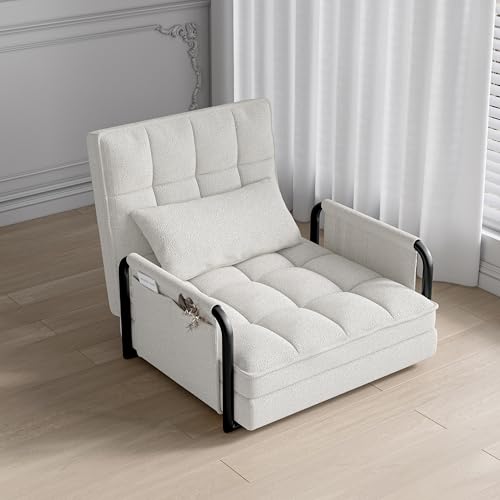 BSMGSGN 3-in-1-Einzelbett mit 5-fach verstellbarer Rückenlehne, faltbares Schlafsofa aus Plüschstoff mit Armlehnen und Taschen (Weiß, A) von BSMGSGN