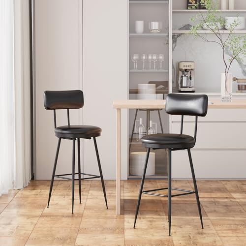 BSMGSGN Barhocker Set 2, Barhocker aus schwarzem Kunstleder mit Rückenlehne, Gestell aus rutschfestem Metall, modernes Design für Theke und Insel (Schwarz, 2 Stück) von BSMGSGN