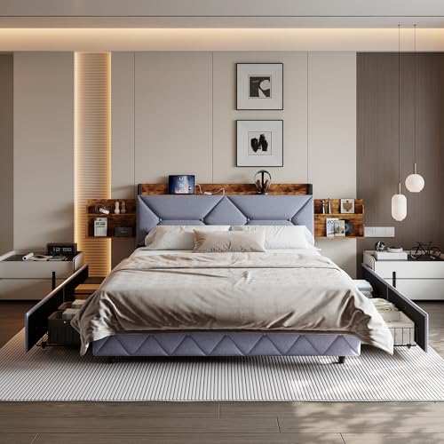 BSMGSGN Bett 140 x 200 cm Doppelbett mit USB, gepolstertes Doppelbett Grau mit 4 Schubladen und Ablage für Gegenstände am Kopfteil (Grau-C, 140 x 200 cm) von BSMGSGN