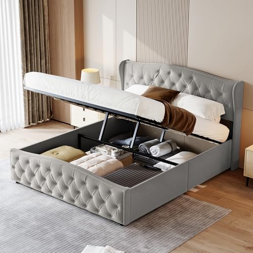 BSMGSGN Bett mit Stauraum, 140 x 200 cm, gepolstertes Doppelbett mit Gasliftsystem, gewelltes Design aus Samt, großer Stauraum, Grau (Grau-A, 140 x 200 cm) von BSMGSGN