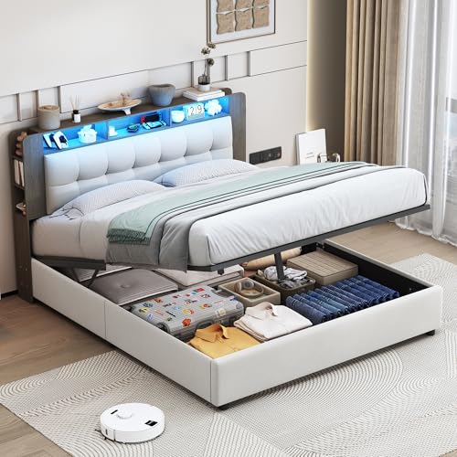 BSMGSGN Doppelbett 140 x 200 cm, gepolstert mit Stauraum, Gashebesystem, beiger Samt, LED, kabelloses Aufladen, ohne Matratze (Hellbeige-A, 140 x 200 cm) von BSMGSGN