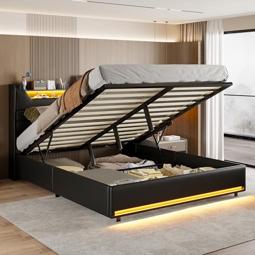BSMGSGN Doppelbett 160 x 200 cm, gepolstert mit Stauraum, Gashebesystem, schwarzer PU-Stoff, LED, USB-Aufladung, ohne Matratze (Schwarz-C,160 x 200 cm) von BSMGSGN