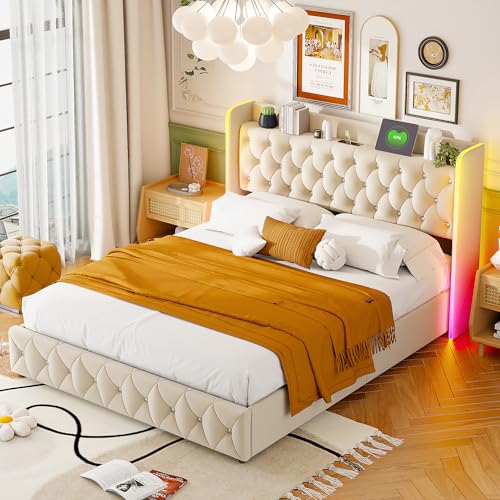 BSMGSGN Doppelbettgestell 140 x 200 cm mit LED-Lichtern und Ladestation, Bett mit hydraulischer Polsterung, Holzlatten, kein Lattenrost erforderlich, ohne Matratze von BSMGSGN