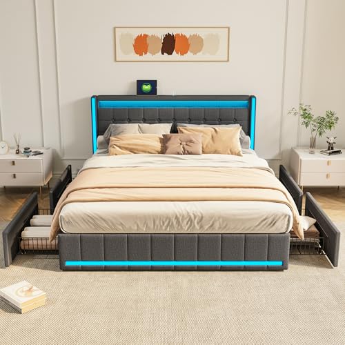 BSMGSGN Gepolstertes Doppelbett 160x200 cm mit 4 Aufbewahrungsschubladen, LED, USB-Anschluss, Lattenrost, dunkelgrauer Leinenstoff (Grau-A, 160x200 cm) von BSMGSGN