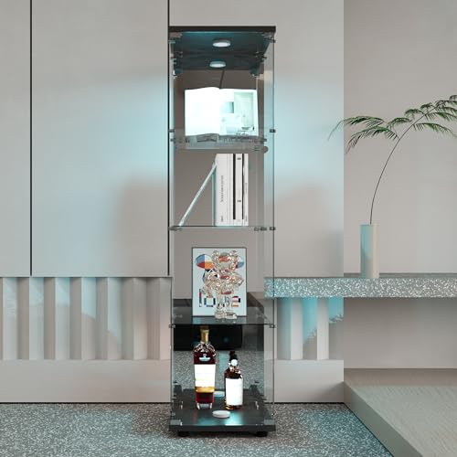 BSMGSGN Glasvitrine mit 4 Schichten mit LED-Lichtern und Spiegelrückwand, Sammlungsvitrine aus Glas mit 1 Tür und Schloss, freistehendes Regal (4 Schichten, 1 Tür mit LED, Schwarz) von BSMGSGN