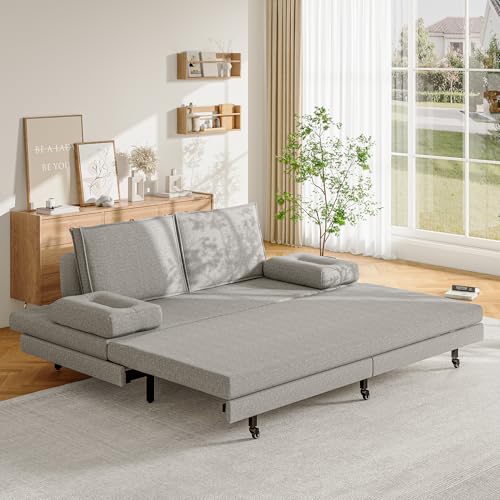 BSMGSGN Graues Schlafsofa verwandelbar 90/180 x 200 cm, Doppelbett mit ausziehbarem Schlafsofa, Lattenrost, mit Leinen bezogen, mit Rollen, keine Matratze (Grau-E, 90/180 x 200 cm) von BSMGSGN