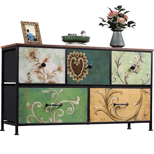 BSMGSGN Kommode mit 5 Schubladen mit Blumenmuster für Schlafzimmer, Retro-Kommode mit Metallstruktur, Aufbewahrungsschrank, Sideboard für Wohnzimmer, Flur, Schrank von BSMGSGN