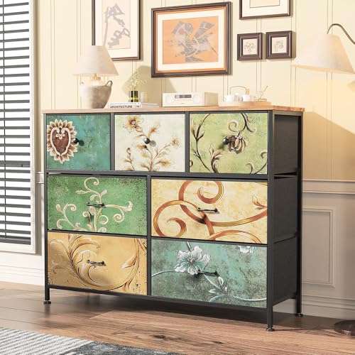 BSMGSGN Kommode mit 7 Schubladen mit Blumenmuster für Schlafzimmer, Retro-Kommode mit Metallstruktur, Aufbewahrungsschrank, Sideboard für Wohnzimmer, Flur, Schrank von BSMGSGN