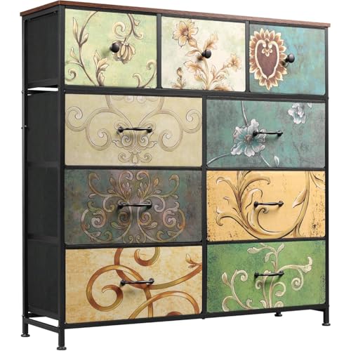 BSMGSGN Kommode mit 9 Schubladen mit Blumenmuster für Schlafzimmer, Retro-Kommode mit Metallstruktur, Aufbewahrungsschrank, Sideboard für Wohnzimmer, Flur, Schrank von BSMGSGN