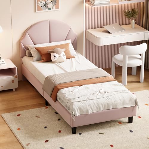 BSMGSGN Polsterbett 90 x 200 cm mit verstellbarem Kopfteil, Einzelstruktur aus Samt mit Lattenrost, Jugendbett, ohne Matratze (Rosa-C) von BSMGSGN