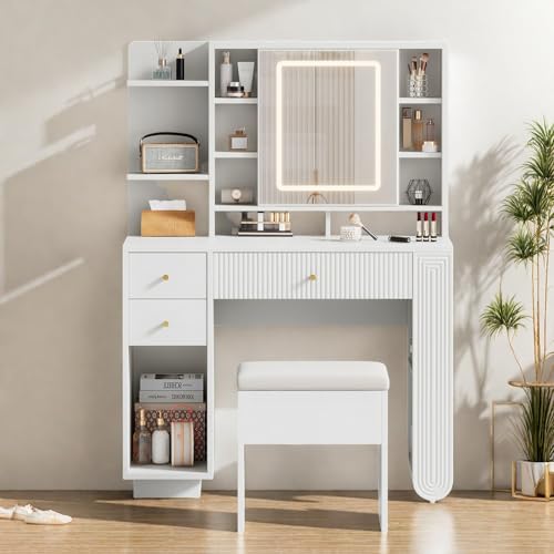 BSMGSGN Schminktisch mit Spiegel und LED-Lichtern mit einstellbarer Helligkeit, moderner Schminktisch mit 3 Schubladen, 9 Fächer, gepolsterter Hocker für Schlafzimmer von BSMGSGN