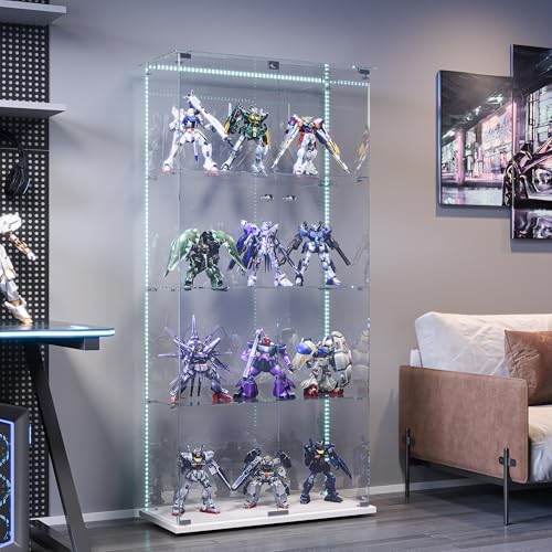 BSMGSGN Vitrine aus Glas mit LED-Streifen, Vitrine für Sammler, 163 x 78,5 x 35 cm, mit 4 Glasablagen, 2 Türen und Schloss, Weiß (Weiß-A, 2 Türen + 4 Ablagen mit glatter LED) von BSMGSGN