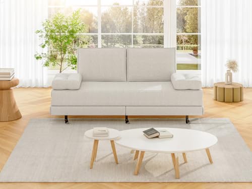 BSMGSGN Weißes Schlafsofa, umwandelbar, 90/180 x 200 cm, Doppelbett mit ausziehbarem Schlafsofa, Lattenrost, mit Leinen bezogen, mit Rollen, keine Matratze (Weiß-E, 90/180 x 200 cm) von BSMGSGN