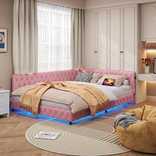 L-Shaped Einzelbett 140 x 200 cm mit LED-Beleuchtung und USB-Anschluss, rosa Teddy-Stoff, Metallrahmen mit Holzlatten – kompaktes Design für kleine Räume (Rosa-C, 140 x 200 cm) von BSMGSGN
