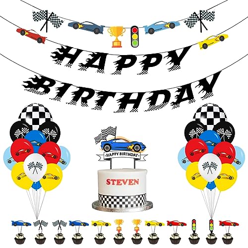 Racing Car Party Dekoration 36 Rennwagen Geburtstag Dekoration Cake Toppers Banner, Cupcake Topper Luftballons Geburtstag Deko für Baby Shower Wedding Graduation Party Decoration von BSNRDX