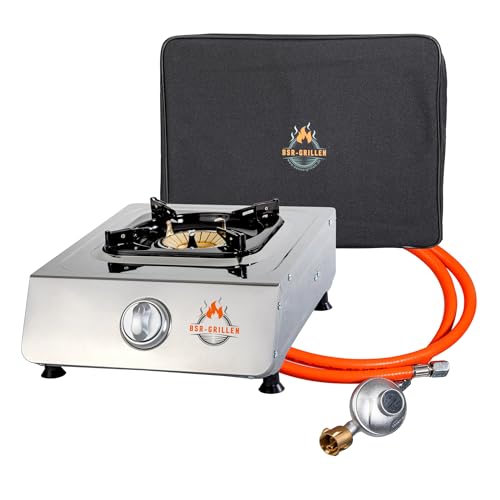 BSR-Grillen Gaskocher Edelstahl Campingkocher mit 5 kW Leistung, Piezozündung, Zündsicherung, 150 cm Gasschlauch, Druckminderer 50 mbar, Pfannenständer aus Emaille (1-flammig + Haube) von BSR-Grillen