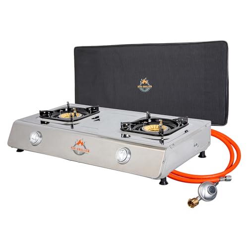 BSR-Grillen Gaskocher Edelstahl Campingkocher mit insg. 9 kW Leistung, Piezozündung, Zündsicherung, 150 cm Gasschlauch, Druckminderer 50 mbar, Pfannenständer aus Emaille (2-flammig + Haube) von BSR-Grillen