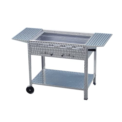 BSR-Grillen Holzkohlegrill Grillwagen aus Edelstahl mit Rollen 114x53x80 cm Grillfläche 108x47 cm ideal für Privat Verein Catering Gastronomie (Grillrost Edelstahl + Seitenablagen) von BSR-Grillen