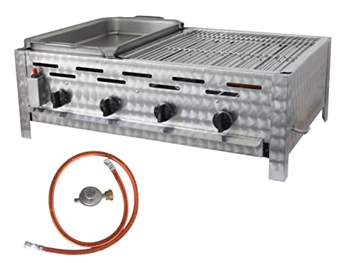 BSR-Grillen 4-flammiger Profi Gasgrill aus Edelstahl, stufenlos regelbar, Gasbräter, Gastrogrill, Gastrobräter mit Gasschlauch und Druckminderer (14,4 kW | Kombigrill 2/3 Grillrost 1/3 Pfanne) von BSR-Grillen