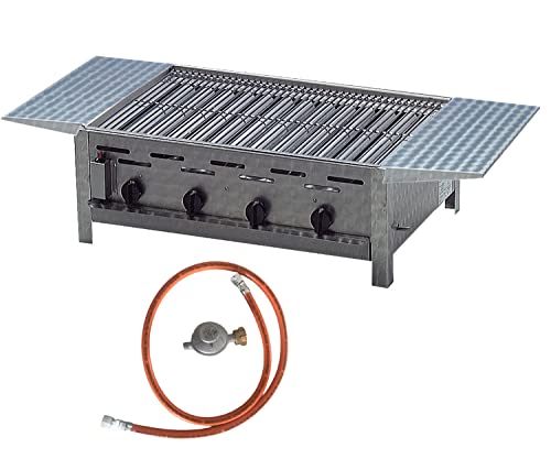 BSR-Grillen 4-flammiger Profi Gasgrill aus Edelstahl, stufenlos regelbar, Gasbräter, Gastrogrill, Gastrobräter mit Gasschlauch und Druckminderer (18,0 kW | verchromter Grillrost +Ablagen) von BSR-Grillen