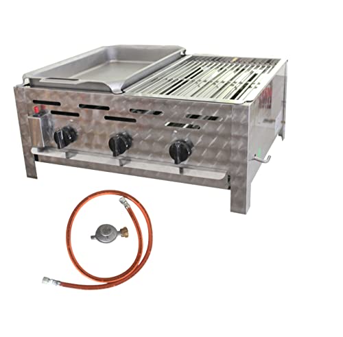 BSR-Grillen 3-flammiger Profi Gasgrill aus Edelstahl, stufenlos regelbar, Gasbräter, Gastrogrill, Gastrobräter mit Gasschlauch und Druckminderer (13,5 kW | 1/2 Pfanne und 1/2 Grillrost) von BSR-Grillen