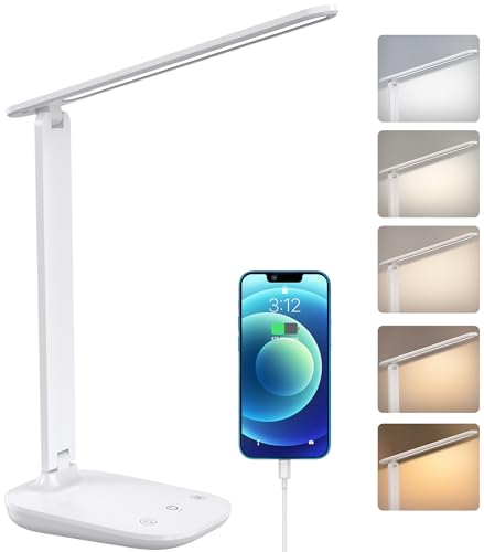 Schreibtischlampe, Dimmbare LED Tischlampe mit 5 Farben 15%-100% Stufenloses Dimmen, Augenschutz Nachttischlampe mit USB-Aufladung,Timer,Touch Steuerung,für Kinder, Schlafzimmer, Lektüre, Büros von BSRANE