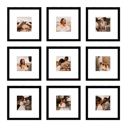 BSRHOME Bilderrahmen-Set, 20,3 x 20,3 cm, 9 Stück, mit Passepartout oder 20,3 x 20,3 cm ohne Passepartout, quadratisch, für Wand oder Tischplatte, Schwarz von BSRHOME