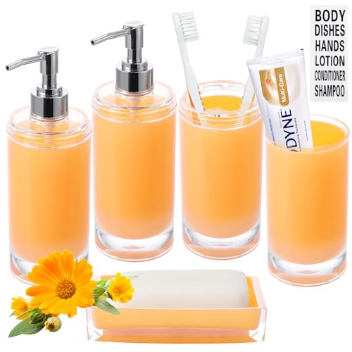 BSSN Badezimmer-Zubehör-Set, Acryl, Orange, 6-teilig, Waschraum-Zubehör, inklusive Seifenspender, Seifenschale, Zahnbürstenhalter, Becher, wasserdichte Etiketten, komplettes Badezimmer-Dekor-Set von BSSN