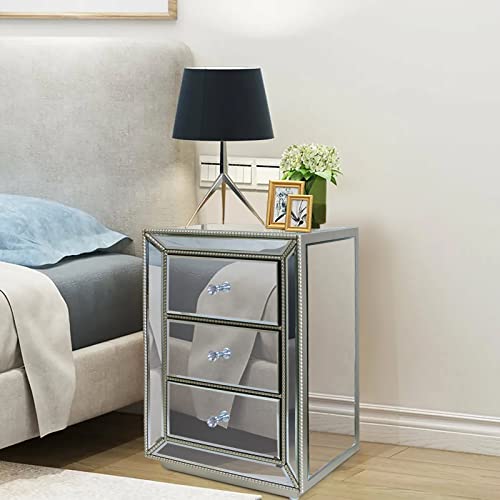 Verspiegelter Nachttisch mit 3 Schubladen & Glas – Silberne Kommode mit großem Spiegel, für Schlafzimmer (Höhe: 30 x 40 x 60 cm) von BST FURNH
