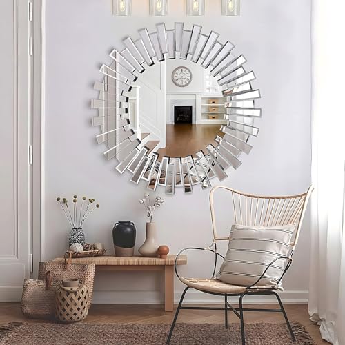 Großer Runder Wandspiegel, 82 x 82 cm, Dekorativer Spiegel Mit Unregelmäßigem Rahmen und Abgeschrägten Kanten, Silberfarben, Rahmenlos Großer Runder Wandspiegel, 82 x 82 cm, Dekorativer Spiegel Mit Unregelmäßigem Rahmen und Abgeschrägten Kanten, Silberfarben, Rahmenlos von BST FURNH