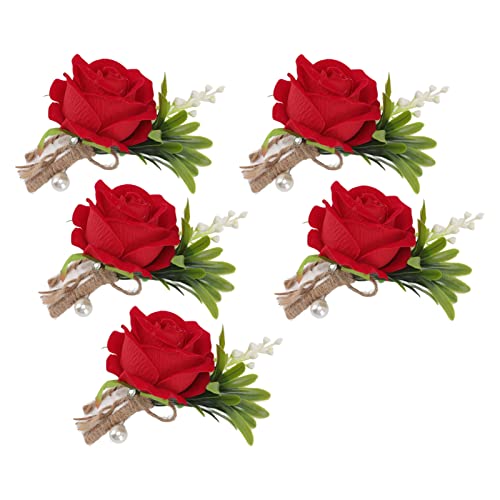 BSTCAR 5 Stück Hochzeits-Anstecknadel, Rosen-Anstecknadel Hochzeit, Boutonniere, Feste Künstliche Blumen-Anstecknadel aus Kunststoff Braut und Bräutigam (Rot) von BSTCAR