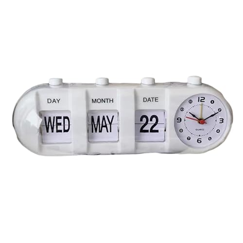 BSTCAR Immerwährender Tischkalender mit Uhr,Manueller Flip-Wecker Kalender-Wecker Batteriebetrieben Tischuhr Arbeitszimmer, Zimmer, Büro (Weiß) von BSTCAR
