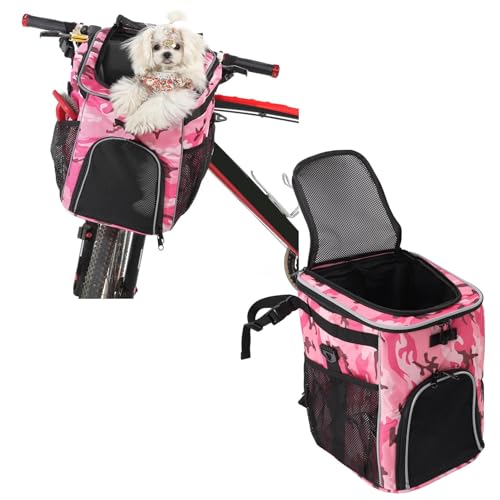 Hund Fahrrad Korb wasserdicht Haustier Carrier Rucksack abnehmbar Fahrrad Front Canvas Korb Haustier, Einkaufen, Picknick, Outdoor (Rosa Camo) von BSTCAR