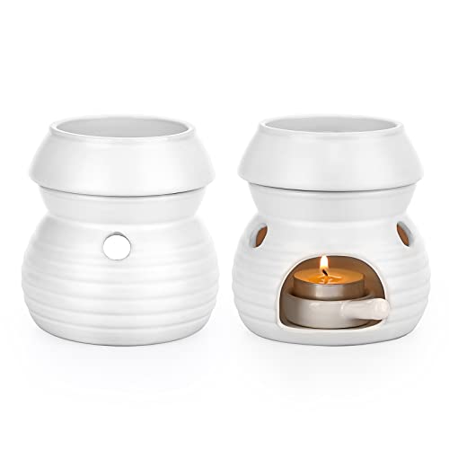 BSTKEY 2 Stück Keramik Ätherisches Öl Brenner Wachs Schmelzbrenner, Home Decor Aroma Diffusor Teelicht Kerzenbrenner mit Kerzenlöffel, Kürbisform (Weiß) von BSTKEY