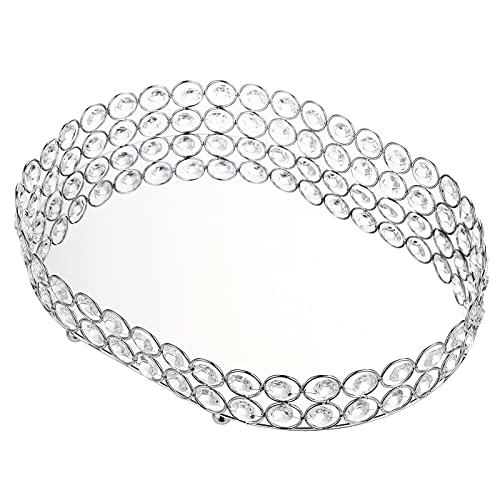 BSTKEY Oval Crystal Cosmetic Makeup Tray Schmuck Schmuckstück Tray Halter, Multifunktionaler Aufbewahrungsorganizer mit Spiegel, Silber (30x21cm) von BSTKEY