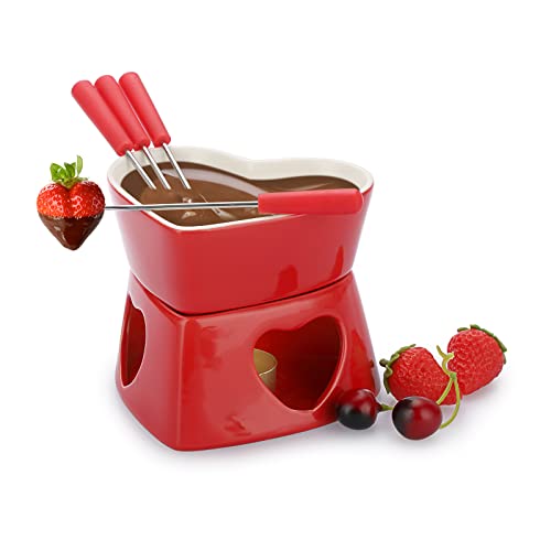 BSTKEY Rot Keramik Butterwärmer Set, Herzform Fonduetopf Schmelztopf Set, Melt Hot Pot Schüssel Set für Käse Schokolade Butter Karamell, mit 4 Gabeln von BSTKEY