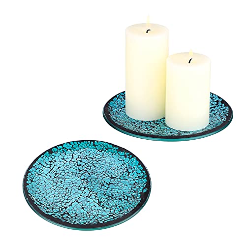 BSTKEY Set mit 2 Mosaik-Glas-Kerzentellern, dekorativer 15 cm, runder Kerzenteller, Stumpenkerzenhalter, Teelicht-Kerzenmatte, Tassen-Teller-Untersetzer (blau) von BSTKEY