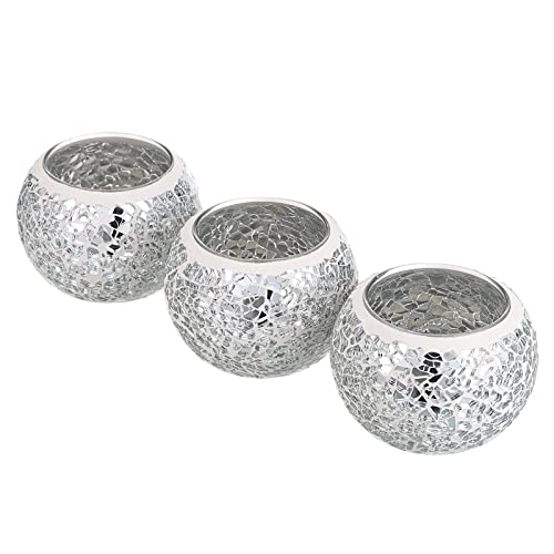 BSTKEY Set mit 3 Mosaikglas-Teelichthaltern, dekorative Votivkerzenständer, runde Kerzenaufsätze für Tisch, Hochzeit, Party, Heimdekoration, Silber von BSTKEY