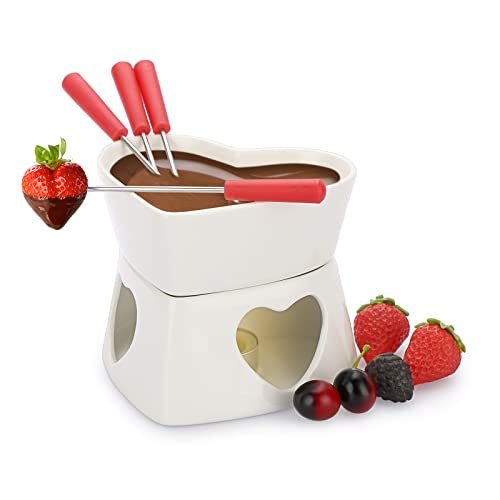BSTKEY Weiß Keramik Butterwärmer Set, Herzform Fonduetopf Schmelztopf Set, Melt Hot Pot Schüssel Set für Käse Schokolade Butter Karamell, mit 4 Gabeln BSTKEY Weiß Keramik Butterwärmer Set, Herzform Fonduetopf Schmelztopf Set, Melt Hot Pot Schüssel Set für Käse Schokolade Butter Karamell, mit 4 Gabeln von BSTKEY