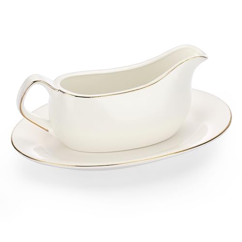 BSTKEY Weiße Keramik-Sauciere mit Tablett, Porzellan-Untertasse, Krug mit Goldrand, Dekor für Thanksgiving, Weihnachten, Sauciere mit großem tropffreiem Lippenauslauf für Soßen, Salat, Dressings, von BSTKEY