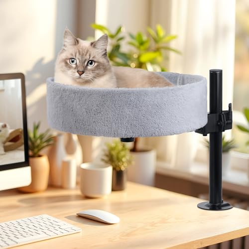 BSWAY Katzenbett für Schreibtisch - Kein Bohren 360°Drehung, verstellbare Höhe Erhöhtes Katzenhaus über Schreibtisch Hält Kätzchen Katze nah und Arbeitsbereich Klarer Tisch-Katzenbett (Grau, XL) von BSWAY