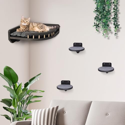 Kletterwand Katzen mit Katzenbett und 3X Katzentreppe Wand [Birkenholz] I Kratzbaum Wand I Hängematte Katze I Katzenwand I Wandkratzbaum I Katzen Kletterwand | Katzenmöbel (4-teilig) von BSWAY