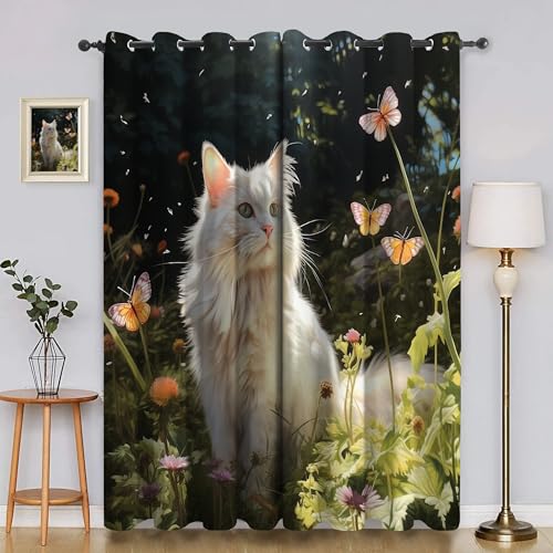 BSYYZQC Angorakatze Blackout Vorhang, Vorhänge Blickdicht Schmetterling Gardinen mit ösen, Gegen Kälte Super Weich Schallschutz Vorhang für Schlafzimmer 2er Set 220x140cm (HxB) von BSYYZQC