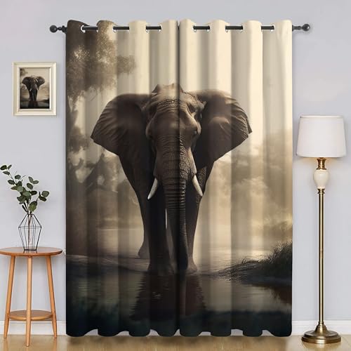 BSYYZQC Baum Gardinen, Verdunklungsvorhänge Elefant Schallschutz Vorhang, Blickdicht Vorhänge mit Ösen, Vorhänge Wohnzimmer für Schlafzimmer Kinderzimmer 2er Set 175x140cm (HxB) von BSYYZQC
