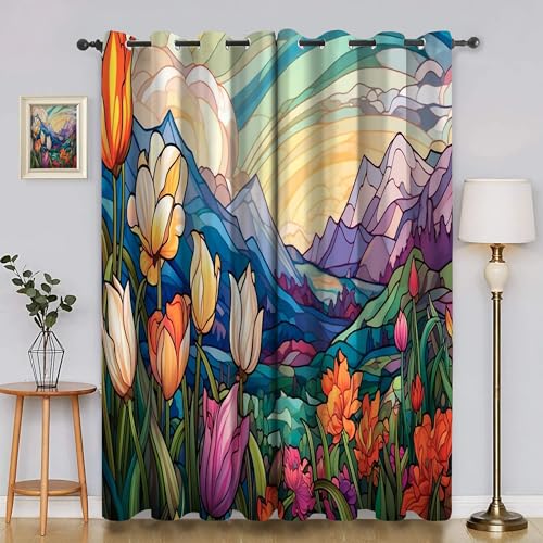 BSYYZQC Berg Vorhang Verdunkelung, Ösenvorhang Tulpe Verdunklungsvorhänge Geräuschreduzierend, Polyester Anti-Fade Gardinen für Schlafzimmer 2er Set 260x140cm (HxB) von BSYYZQC