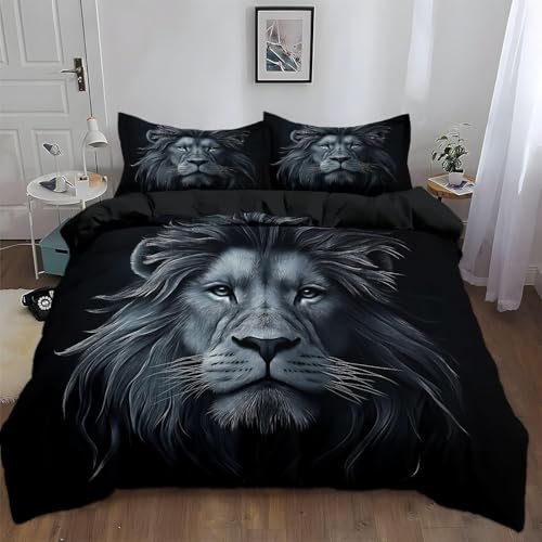 BSYYZQC BettwäSche 135x200 Schwarz BettwäSche-Sets Microfaser Flauschig Bettzeug Löwe Muster Bettbezug füR MäDchen Jungen und Kissenbezug 80x80 mit ReißVerschluss von BSYYZQC