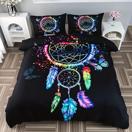 BSYYZQC BettwäSche 135x200 Schwarz BettwäSche-Sets Microfaser Flauschig Bettzeug Traumfänger Muster Bettbezug füR MäDchen Jungen und Kissenbezug 80x80 mit ReißVerschluss von BSYYZQC