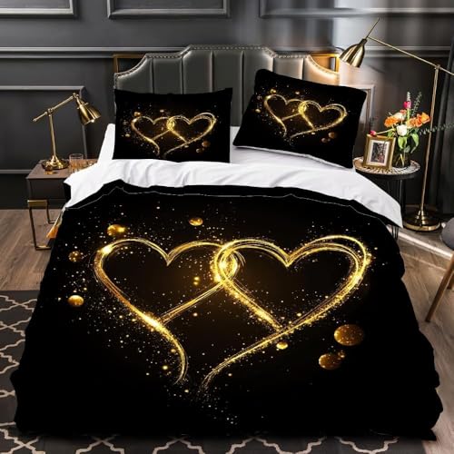 BSYYZQC BettwäSche 150x200 Gold BettwäSche-Sets Microfaser Flauschig Bettzeug Herz Muster Bettbezug füR MäDchen Jungen und Kissenbezug 80x80 mit ReißVerschluss von BSYYZQC