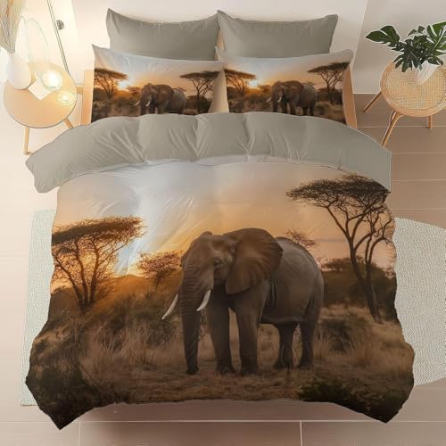 BSYYZQC BettwäSche 220x240 Elefant BettwäSche-Sets Microfaser Flauschig Bettzeug Wildtiere Muster Bettbezug füR MäDchen Jungen und Kissenbezug 80x80 mit ReißVerschluss von BSYYZQC